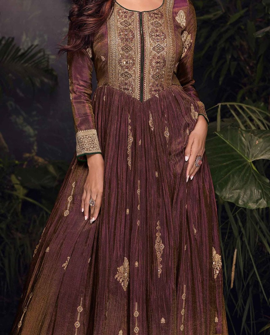5722 - WOVEN ART SILK JACQUARD LONG KURTA IN DARK BROWN 